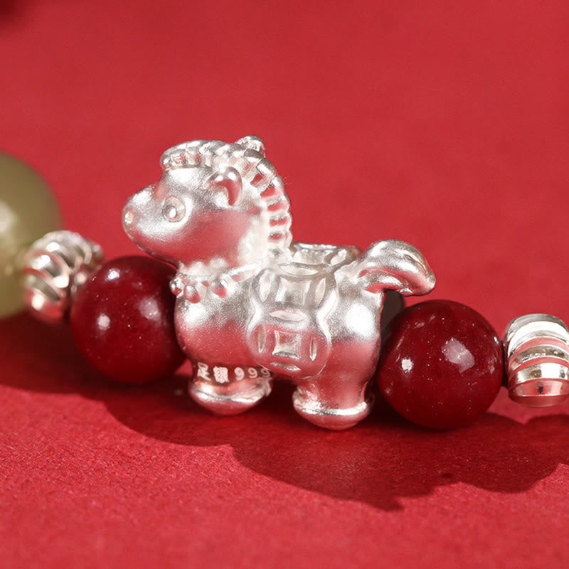 Braccialetto di concentrazione in argento sterling 999 con cordino rosso, giada Hetian, cinabro e Buddha Stones dell'anno del cavallo - image 4