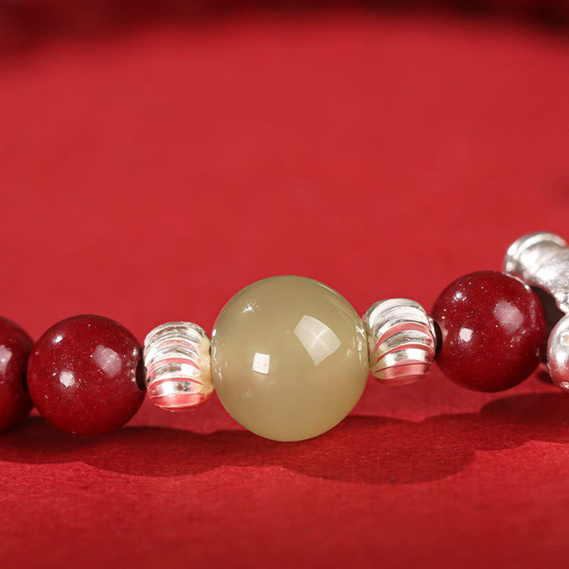 Braccialetto di concentrazione in argento sterling 999 con cordino rosso, giada Hetian, cinabro e Buddha Stones dell'anno del cavallo - image 3