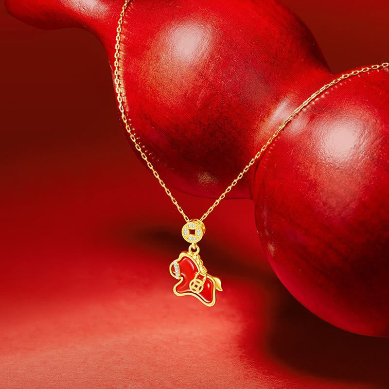 Collana con ciondolo in argento sterling 925 con moneta di rame dell'anno del cavallo, Buddha Stones e agata rossa. - Cavallo in agata rossa in argento sterling 925 - image 0