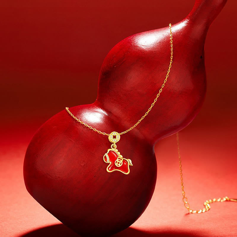 Collana con ciondolo in argento sterling 925 con moneta di rame dell'anno del cavallo, Buddha Stones e agata rossa. - image 1