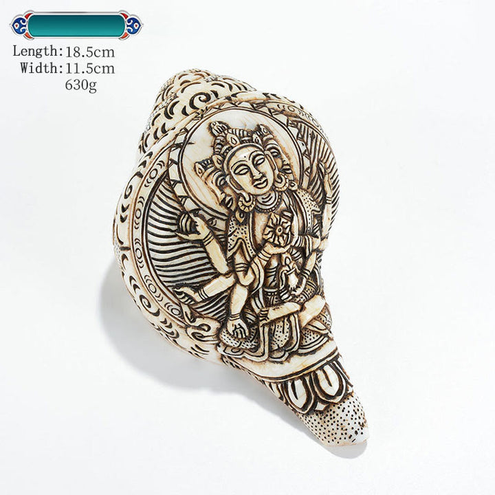 Decorazione di ricchezza di conchiglia di conchiglia di Avalokitesvara Buddha tibetano inciso a mano Shankha