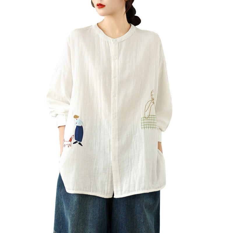 Camicia da donna a maniche lunghe con bottoni, scollo tondo, ricamo autunnale Buddha Stones, figura umana e motivo a cane - image 16