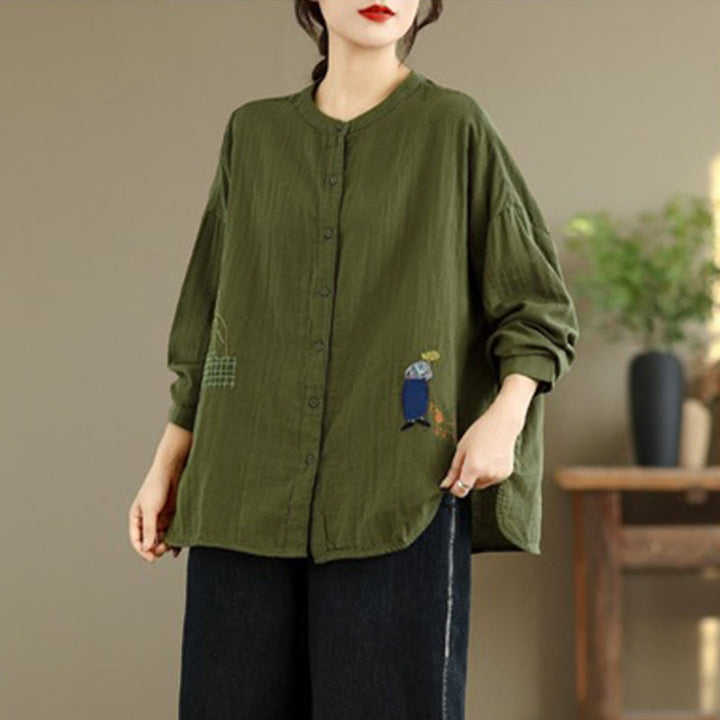 Camicia da donna a maniche lunghe con bottoni, scollo tondo, ricamo autunnale Buddha Stones, figura umana e motivo a cane - image 23