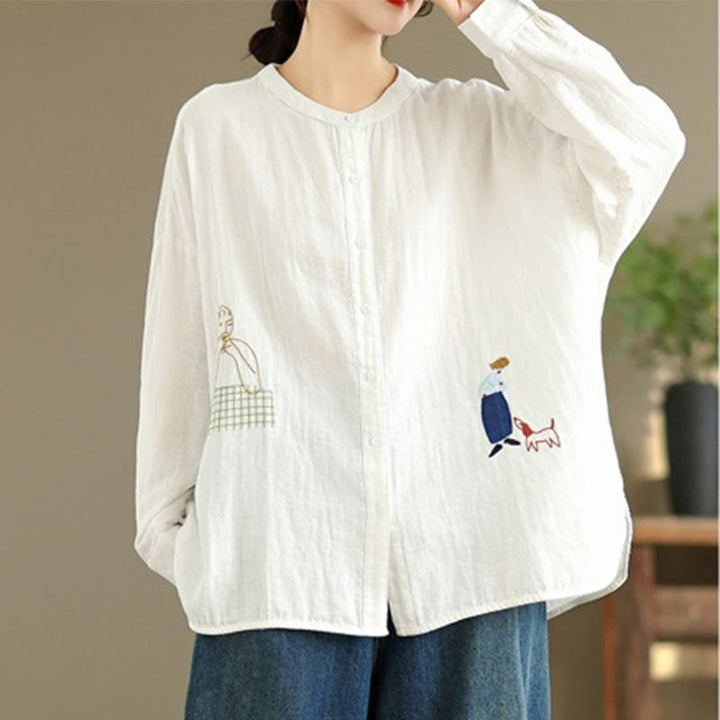 Camicia da donna a maniche lunghe con bottoni, scollo tondo, ricamo autunnale Buddha Stones, figura umana e motivo a cane - image 10