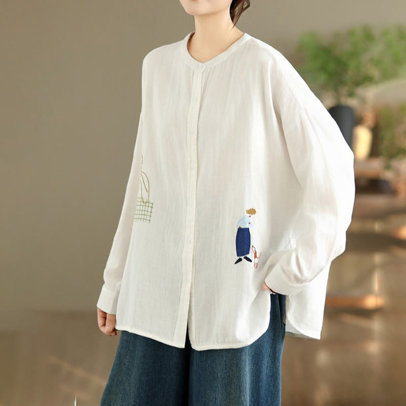 Camicia da donna a maniche lunghe con bottoni, scollo tondo, ricamo autunnale Buddha Stones, figura umana e motivo a cane - image 12