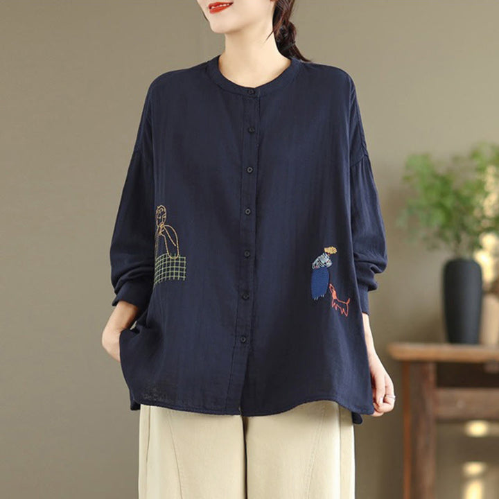 Camicia da donna a maniche lunghe con bottoni, scollo tondo, ricamo autunnale Buddha Stones, figura umana e motivo a cane - image 3