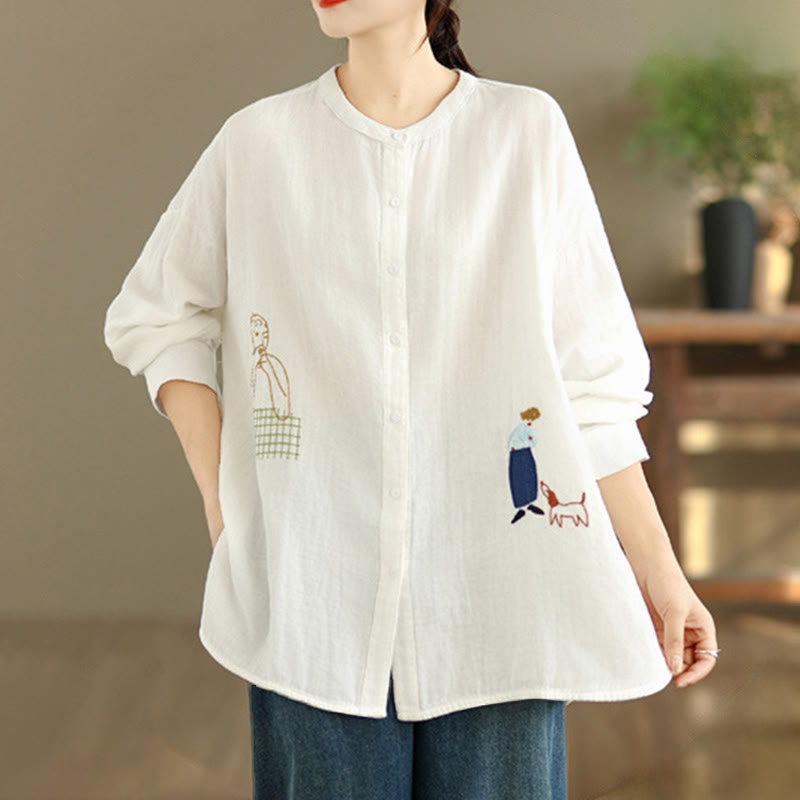 Camicia da donna a maniche lunghe con bottoni, scollo tondo, ricamo autunnale Buddha Stones, figura umana e motivo a cane - image 8
