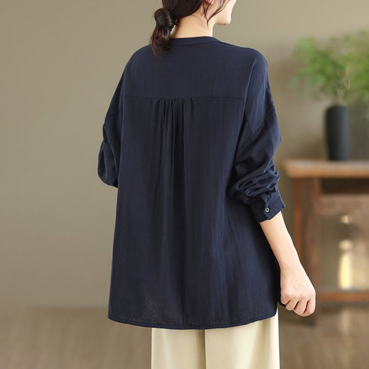 Camicia da donna a maniche lunghe con bottoni, scollo tondo, ricamo autunnale Buddha Stones, figura umana e motivo a cane - image 6