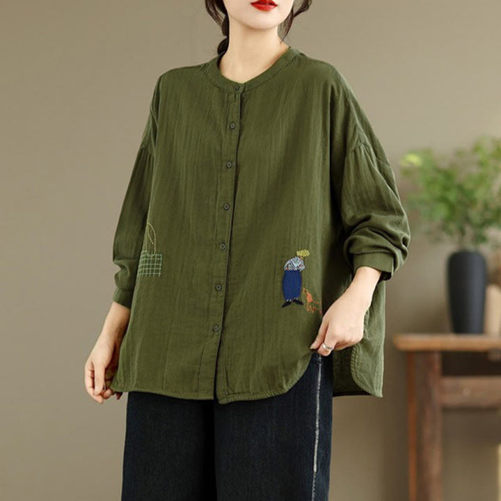 Camicia da donna a maniche lunghe con bottoni, scollo tondo, ricamo autunnale Buddha Stones, figura umana e motivo a cane - Verde oliva scuro - US14, UK/AU18, EU46 (2XL) - image 19