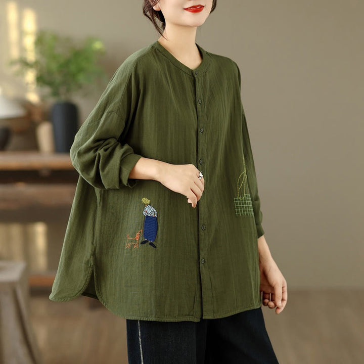 Camicia da donna a maniche lunghe con bottoni, scollo tondo, ricamo autunnale Buddha Stones, figura umana e motivo a cane - image 26