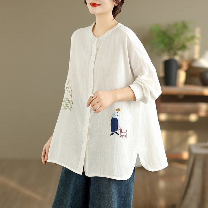 Camicia da donna a maniche lunghe con bottoni, scollo tondo, ricamo autunnale Buddha Stones, figura umana e motivo a cane - Bianco - US14, UK/AU18, EU46 (2XL) - image 7