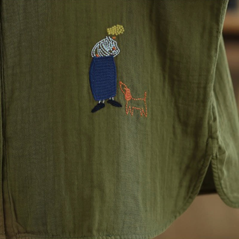 Camicia da donna a maniche lunghe con bottoni, scollo tondo, ricamo autunnale Buddha Stones, figura umana e motivo a cane - image 30