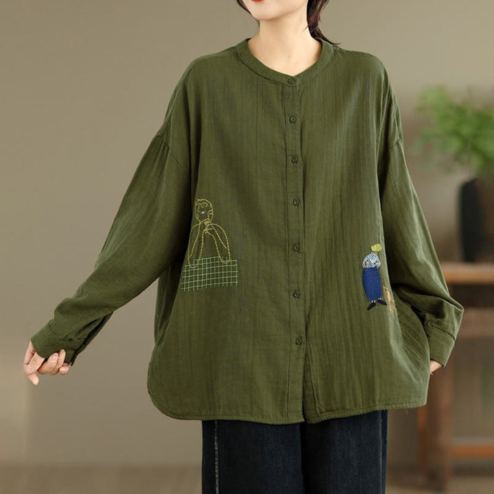 Camicia da donna a maniche lunghe con bottoni, scollo tondo, ricamo autunnale Buddha Stones, figura umana e motivo a cane - image 24