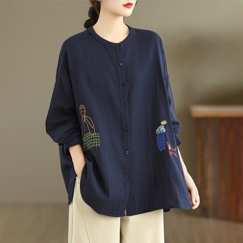 Camicia da donna a maniche lunghe con bottoni, scollo tondo, ricamo autunnale Buddha Stones, figura umana e motivo a cane - image 1