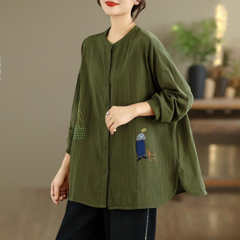 Camicia da donna a maniche lunghe con bottoni, scollo tondo, ricamo autunnale Buddha Stones, figura umana e motivo a cane - image 25