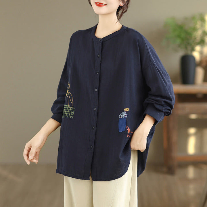 Camicia da donna a maniche lunghe con bottoni, scollo tondo, ricamo autunnale Buddha Stones, figura umana e motivo a cane - image 5