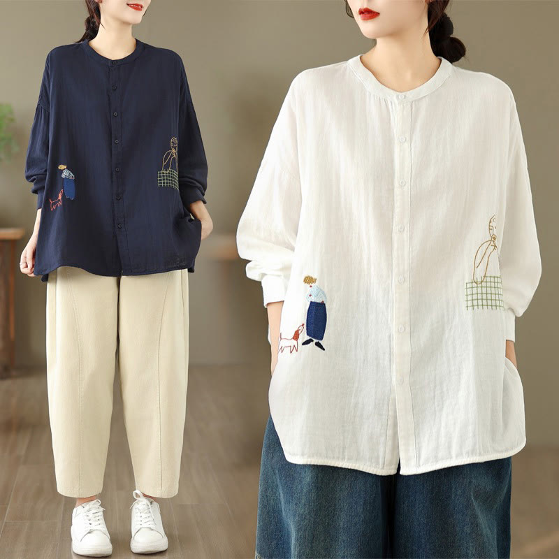 Camicia da donna a maniche lunghe con bottoni, scollo tondo, ricamo autunnale Buddha Stones, figura umana e motivo a cane - image 32
