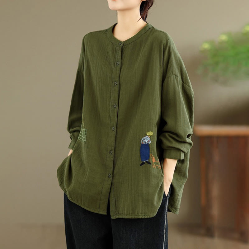 Camicia da donna a maniche lunghe con bottoni, scollo tondo, ricamo autunnale Buddha Stones, figura umana e motivo a cane - image 22