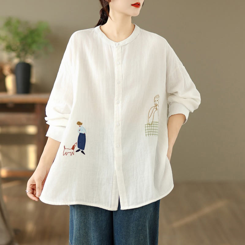 Camicia da donna a maniche lunghe con bottoni, scollo tondo, ricamo autunnale Buddha Stones, figura umana e motivo a cane - image 14