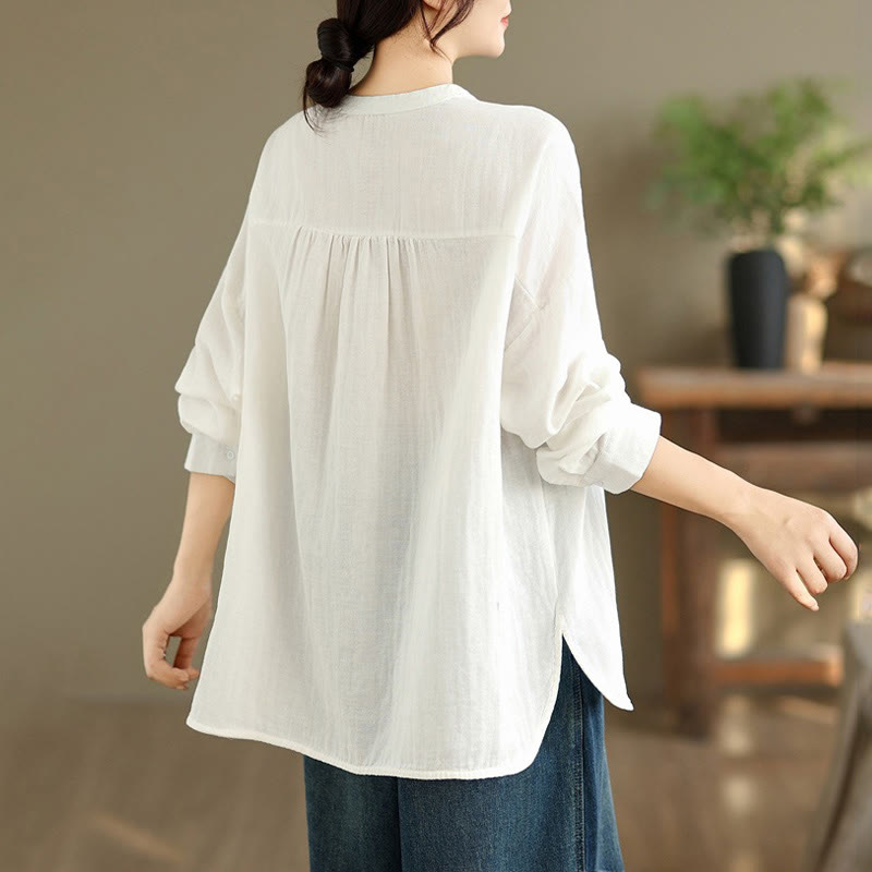 Camicia da donna a maniche lunghe con bottoni, scollo tondo, ricamo autunnale Buddha Stones, figura umana e motivo a cane - image 17