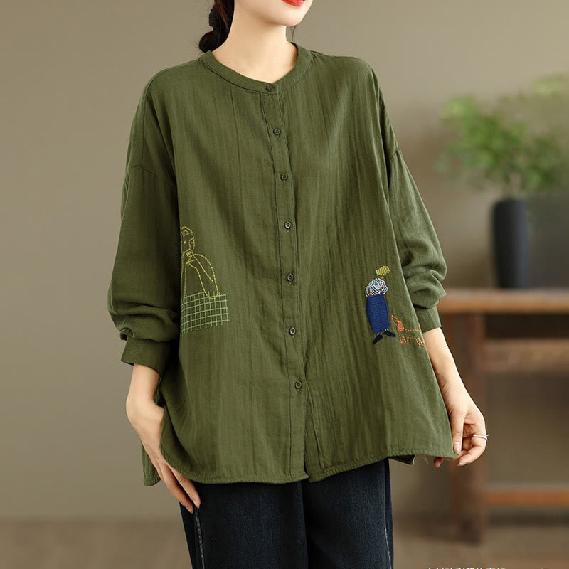 Camicia da donna a maniche lunghe con bottoni, scollo tondo, ricamo autunnale Buddha Stones, figura umana e motivo a cane - image 20