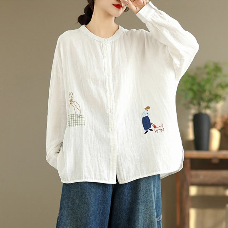 Camicia da donna a maniche lunghe con bottoni, scollo tondo, ricamo autunnale Buddha Stones, figura umana e motivo a cane - image 9