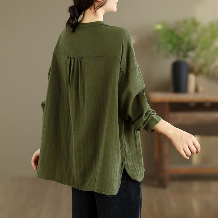 Camicia da donna a maniche lunghe con bottoni, scollo tondo, ricamo autunnale Buddha Stones, figura umana e motivo a cane - image 27