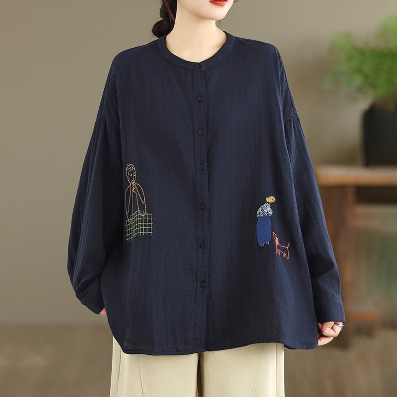 Camicia da donna a maniche lunghe con bottoni, scollo tondo, ricamo autunnale Buddha Stones, figura umana e motivo a cane - image 4