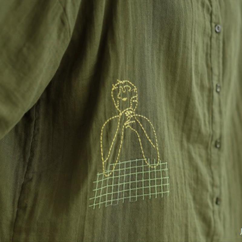 Camicia da donna a maniche lunghe con bottoni, scollo tondo, ricamo autunnale Buddha Stones, figura umana e motivo a cane - image 31