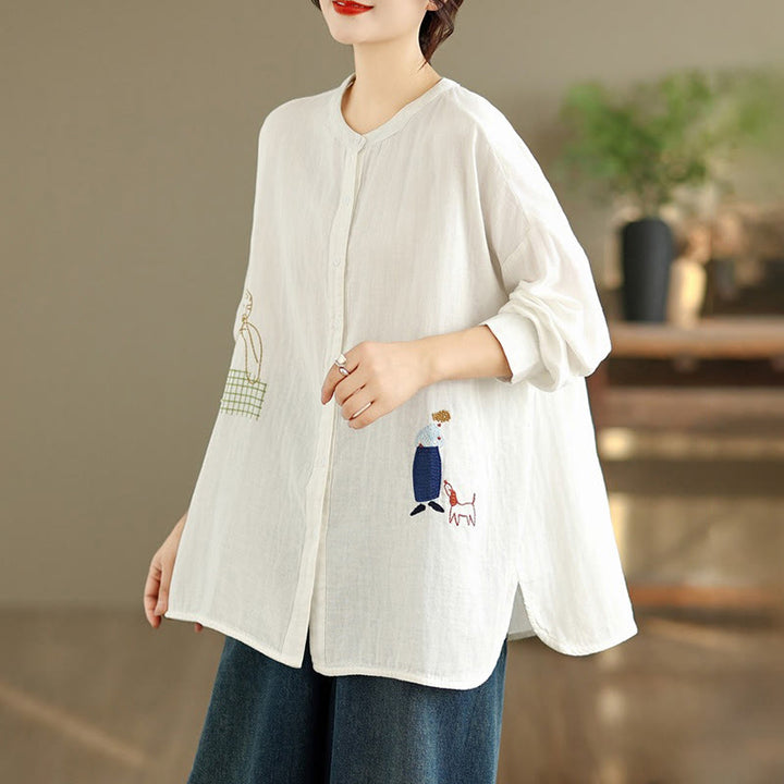 Camicia da donna a maniche lunghe con bottoni, scollo tondo, ricamo autunnale Buddha Stones, figura umana e motivo a cane - image 13