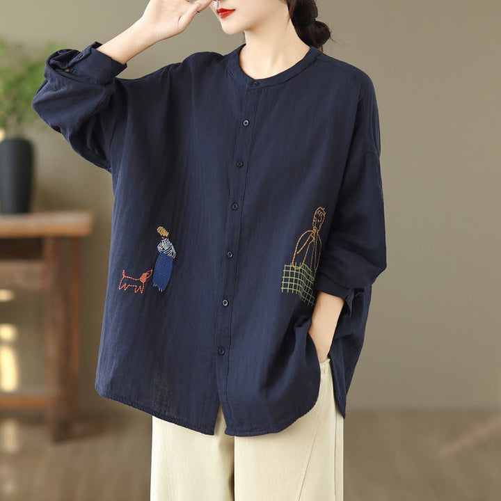 Camicia da donna a maniche lunghe con bottoni, scollo tondo, ricamo autunnale Buddha Stones, figura umana e motivo a cane - Blu scuro - US14, UK/AU18, EU46 (2XL) - image 0