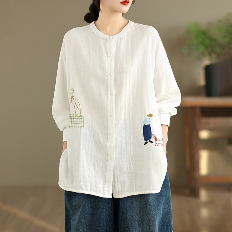 Camicia da donna a maniche lunghe con bottoni, scollo tondo, ricamo autunnale Buddha Stones, figura umana e motivo a cane - image 11