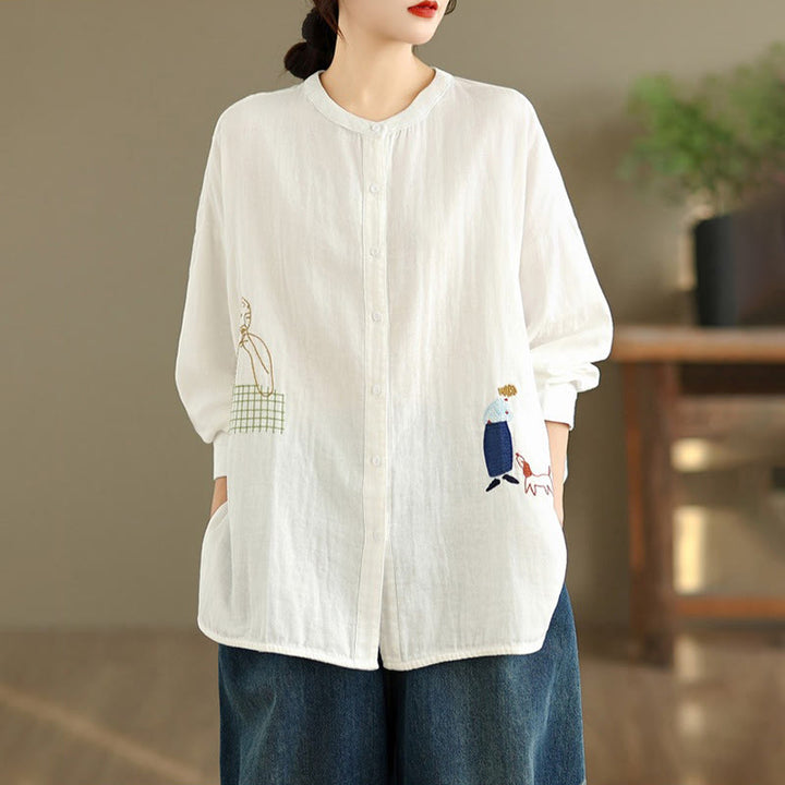 Camicia da donna a maniche lunghe con bottoni, scollo tondo, ricamo autunnale Buddha Stones, figura umana e motivo a cane - image 11