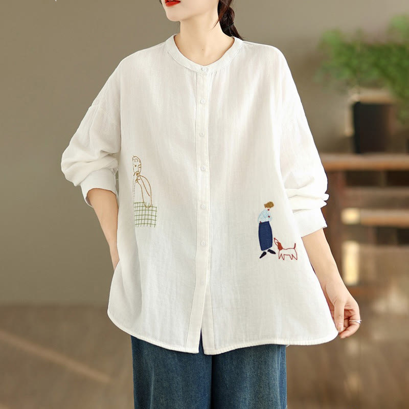 Camicia da donna a maniche lunghe con bottoni, scollo tondo, ricamo autunnale Buddha Stones, figura umana e motivo a cane - image 15