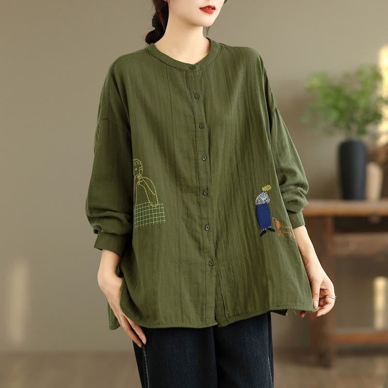 Camicia da donna a maniche lunghe con bottoni, scollo tondo, ricamo autunnale Buddha Stones, figura umana e motivo a cane - image 21