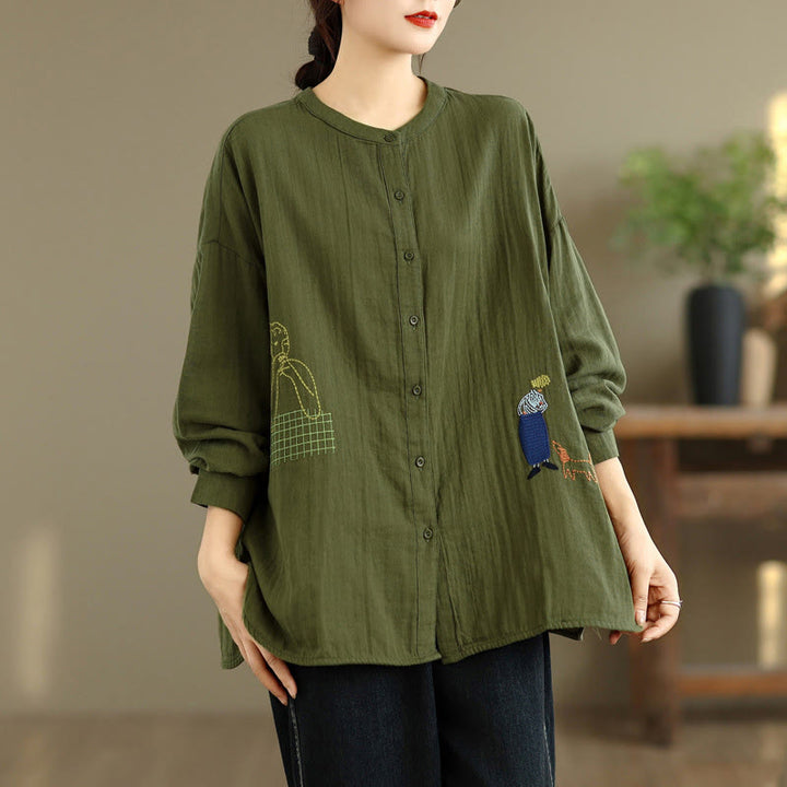 Camicia da donna a maniche lunghe con bottoni, scollo tondo, ricamo autunnale Buddha Stones, figura umana e motivo a cane - image 21