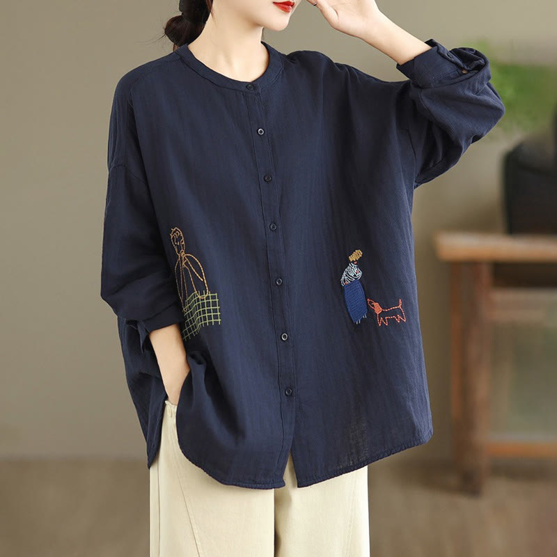 Camicia da donna a maniche lunghe con bottoni, scollo tondo, ricamo autunnale Buddha Stones, figura umana e motivo a cane - image 2