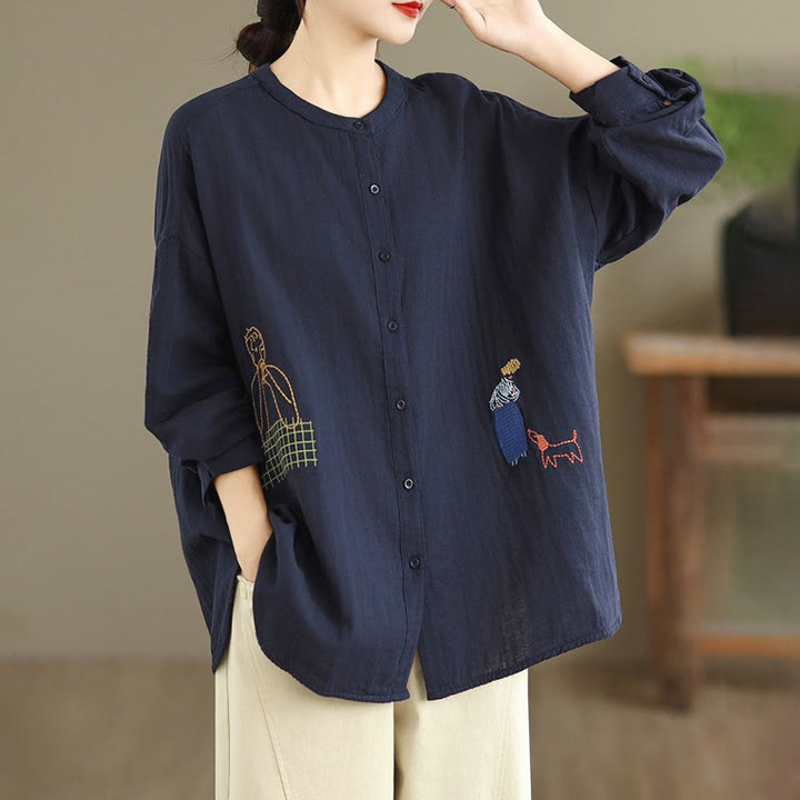 Camicia da donna a maniche lunghe con bottoni, scollo tondo, ricamo autunnale Buddha Stones, figura umana e motivo a cane - image 2