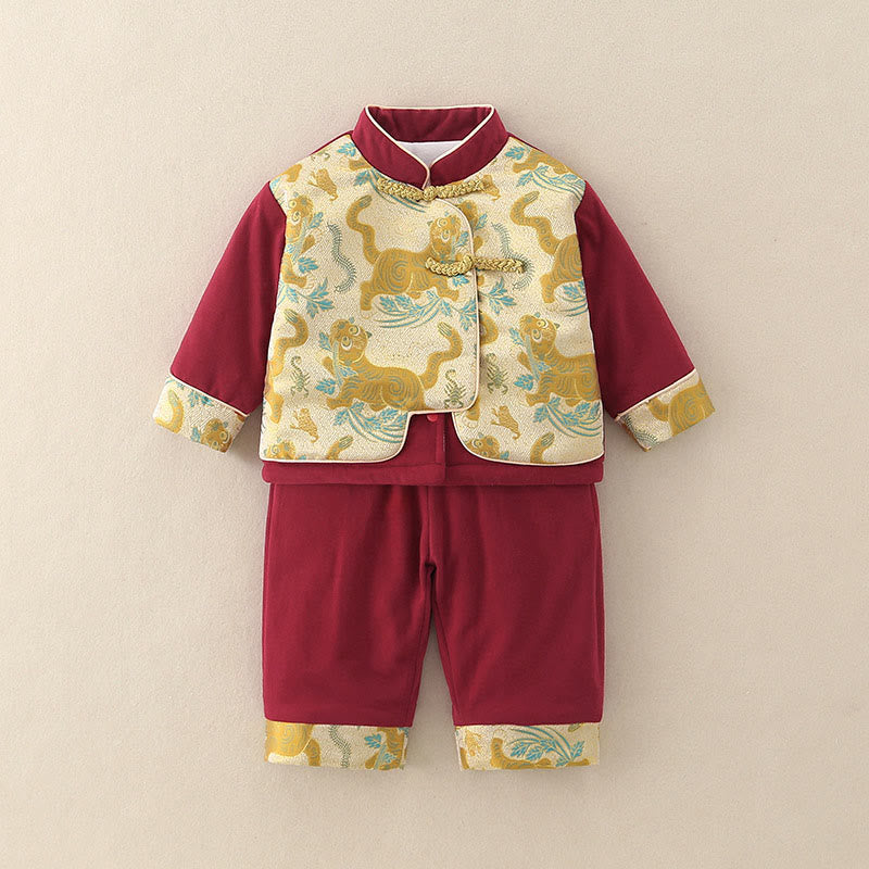 Set di abiti da bambino con maniche lunghe in cotone e pantaloni elasticizzati in vita con tasche, motivo: tigre, motivo: Buddha Stones, 2 pezzi - Cremisi - 2-3T - image 0