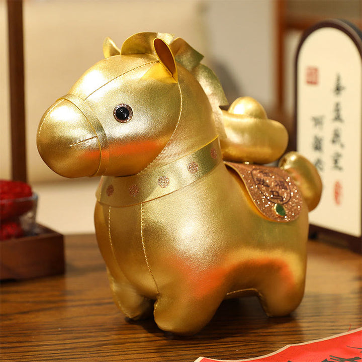 Buddha Stones Anno del cavallo, lingotto d'oro, bambola pony carina, decorazione per la casa della prosperità - Cavallo con lingotto - 25 cm (misurato dall'orecchio al piede) - image 1