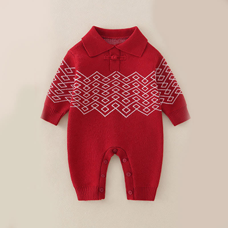 Tutina intera in maglia a maniche lunghe per bambina, motivo a rombi rossi, autunno inverno , Buddha Stones - Rosso - 9-12 mesi - image 0