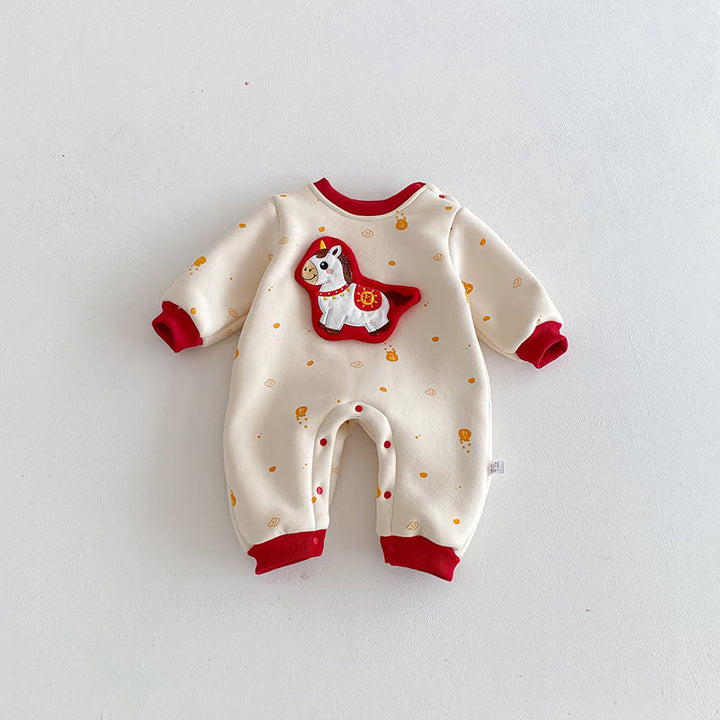 Tutina intera a maniche lunghe in cotone per neonato e bambina, motivo: Buddha Stones, modello: Anno del Cavallo Invernale - Beige - 18-24 mesi - image 0