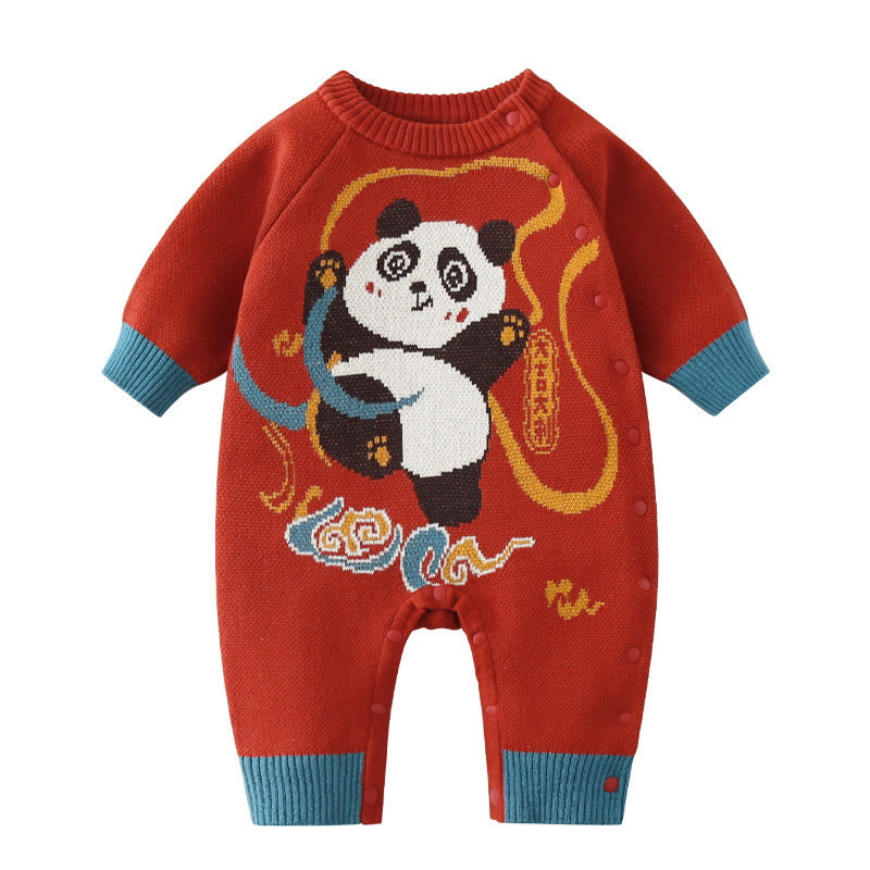 Tutina intera in maglia a maniche lunghe in cotone per neonato e bambina, motivo panda rosso, autunno inverno, Buddha Stones - image 10