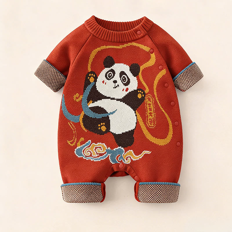 Tutina intera in maglia a maniche lunghe in cotone per neonato e bambina, motivo panda rosso, autunno inverno, Buddha Stones - image 1