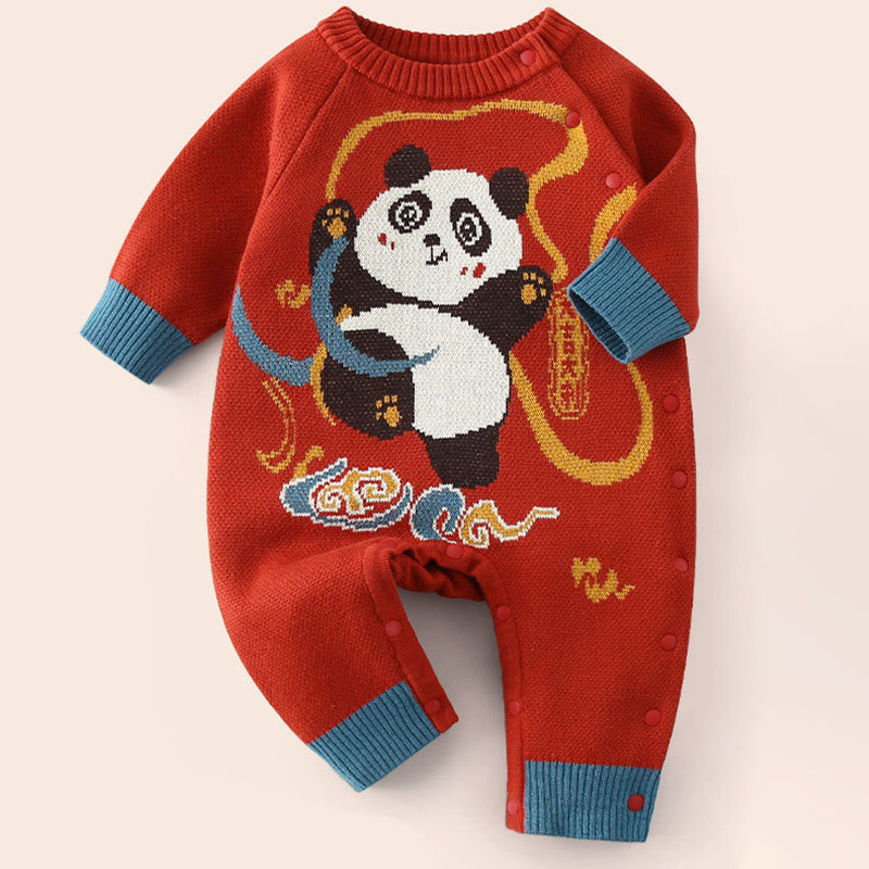 Tutina intera in maglia a maniche lunghe in cotone per neonato e bambina, motivo panda rosso, autunno inverno, Buddha Stones - Rosso - 1-2 anni - image 0