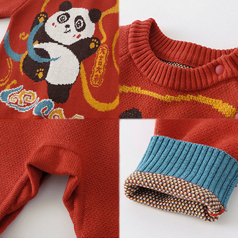 Tutina intera in maglia a maniche lunghe in cotone per neonato e bambina, motivo panda rosso, autunno inverno, Buddha Stones - image 4