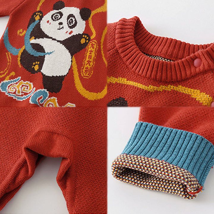 Tutina intera in maglia a maniche lunghe in cotone per neonato e bambina, motivo panda rosso, autunno inverno, Buddha Stones - image 4