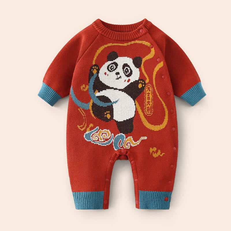 Tutina intera in maglia a maniche lunghe in cotone per neonato e bambina, motivo panda rosso, autunno inverno, Buddha Stones - image 3