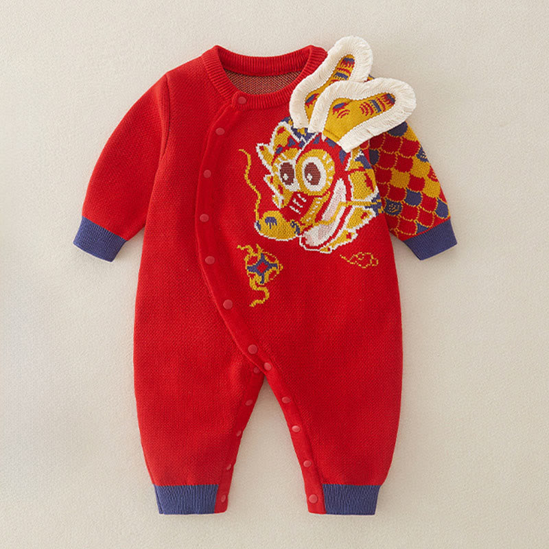 Tutina intera in maglia a maniche lunghe in cotone per neonato e bambina, motivo drago rosso, autunno inverno, Buddha Stones - Rosso - 1-2 anni - image 0