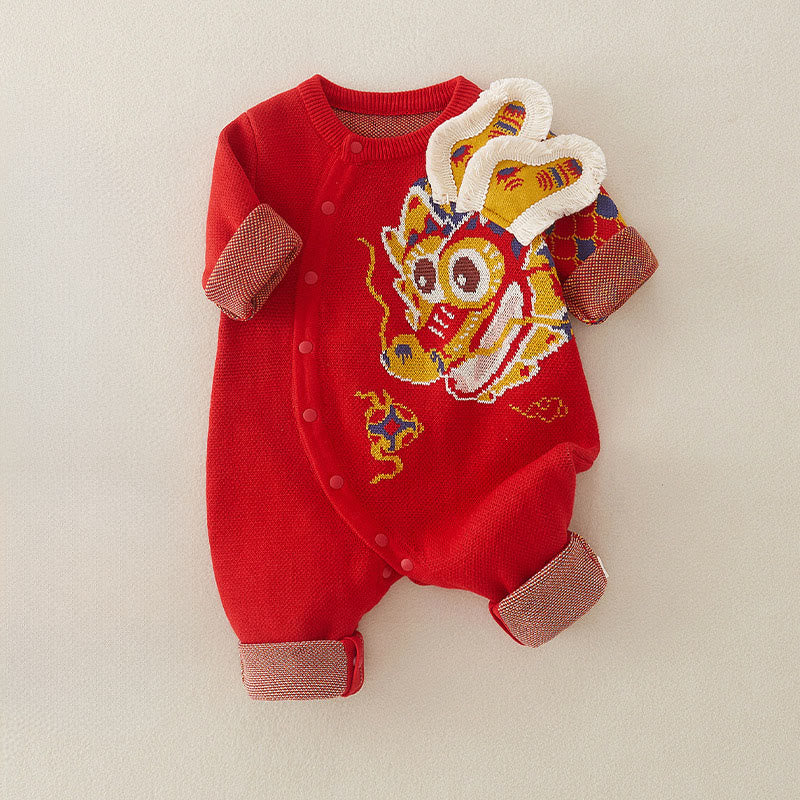 Tutina intera in maglia a maniche lunghe in cotone per neonato e bambina, motivo drago rosso, autunno inverno, Buddha Stones - image 3